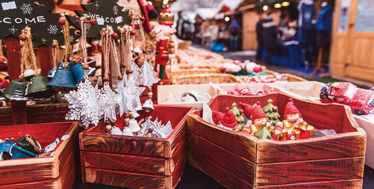 Decorations and ornaments for sale at a stall at Budapest’s Christmas Market